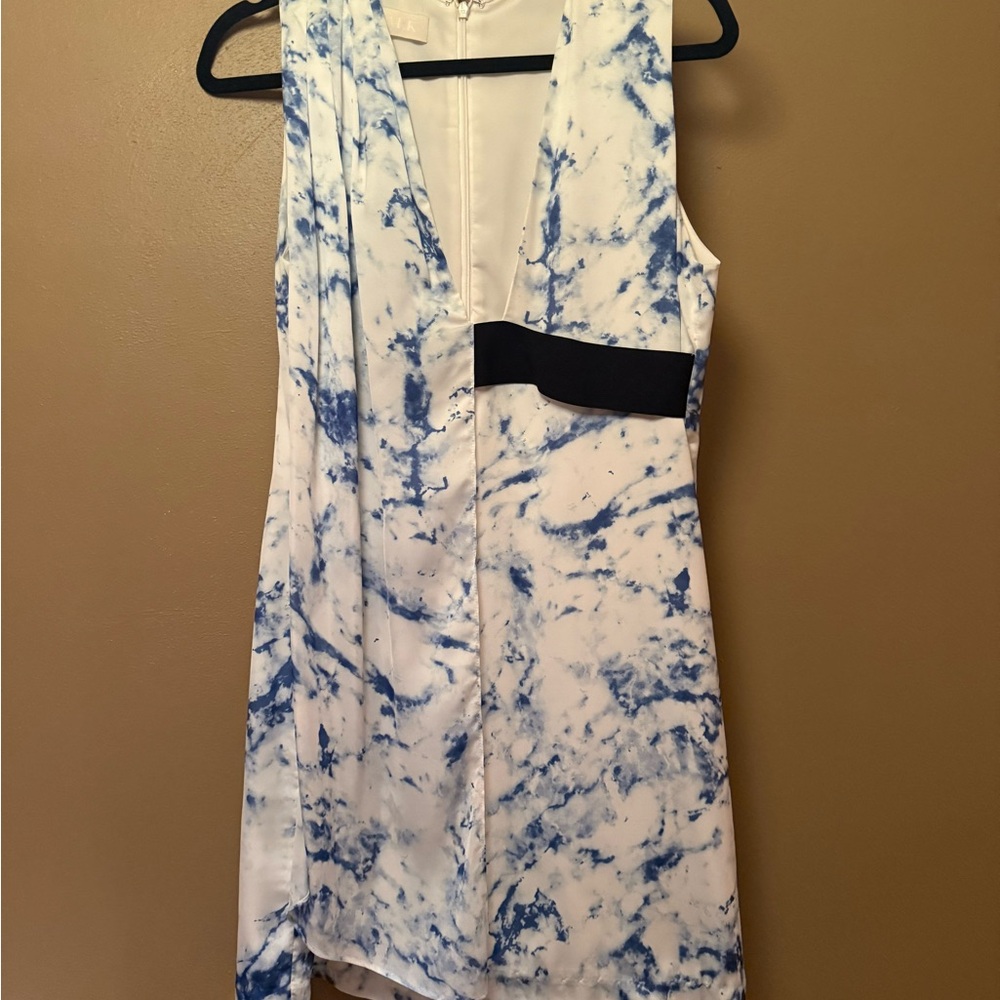Asymmetrical Blue and White Plunge Mini Dress